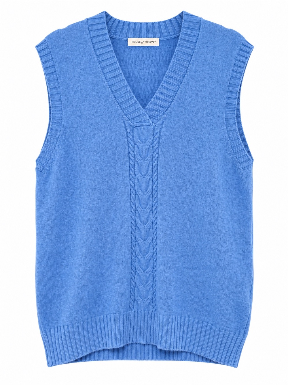 House of Tweed Blue Cable Knit V-Neck Sweater Vest